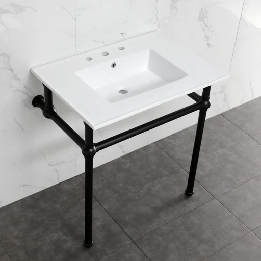 Templeton Kvbh31227w8b0 31-inch Ceramic Console Sink With Brass Legs (8-inch, 3-hole), White/matte Black