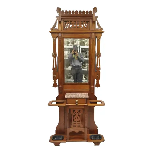 Late 19th Century Antique Eastlake Victorian Walnut Marble Top Umbrella Stand Hall Tree Mirror