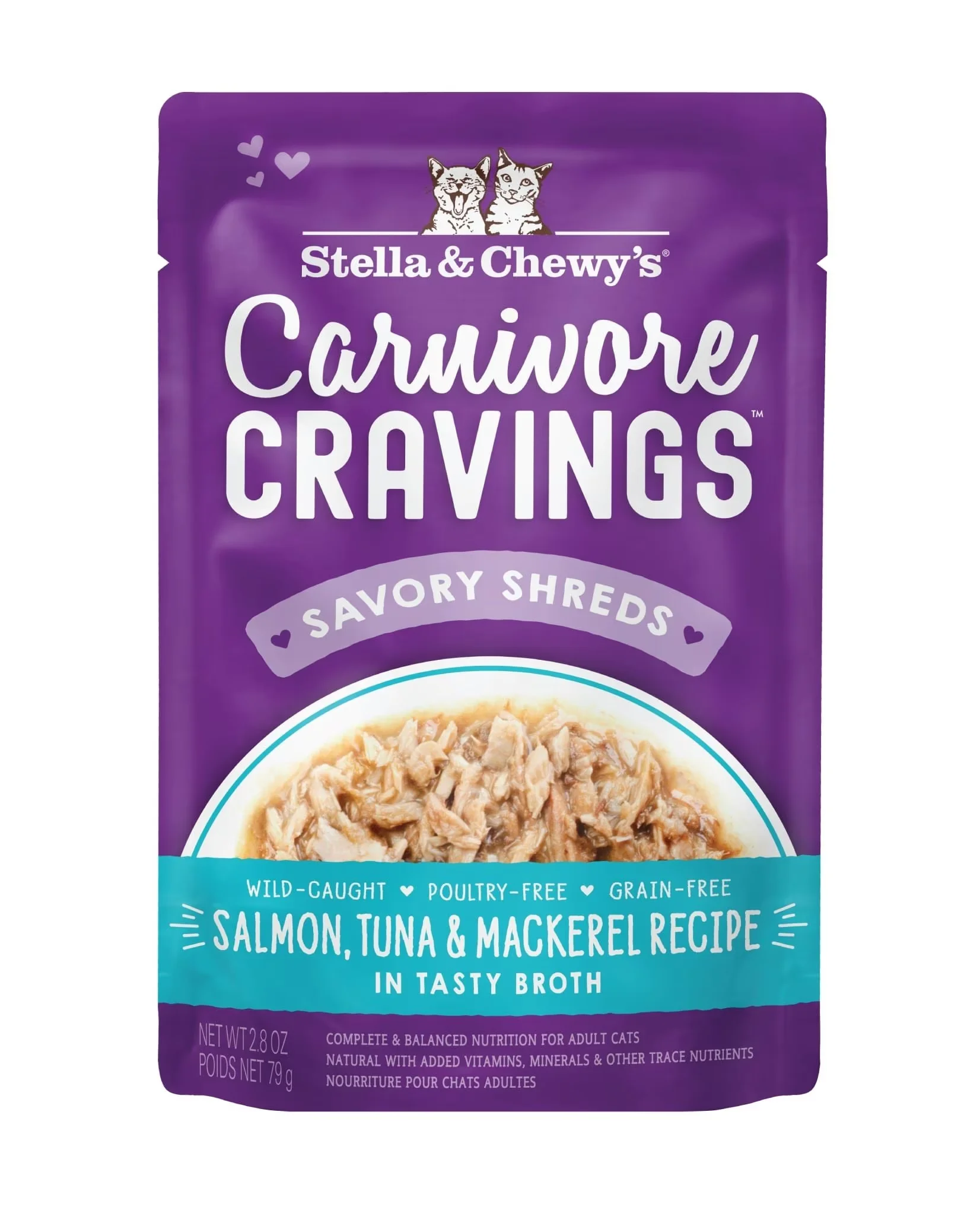 Stella & Chewy's Carnivore Cravings Salmon, Tuna & Mackerel Flavored Shredded Wet Cat Food, 2.8-oz Pouch, Case Of 24