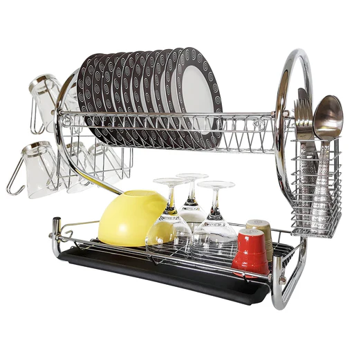 Tatkraft Helga - Escurreplatos 2 Niveles Acero Cromado Con Soporte Para Tazas Y Bandeja Extraíble