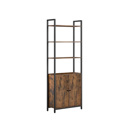 6-tier Bookcase With Door Ebony Black And Ink Black - Rustic Brown + Ink Black/60w Cm