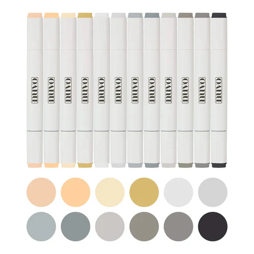 Nuvo Alcohol Marker Pen Set – 12 Neutral & Grey-tone Dual-tip Pens