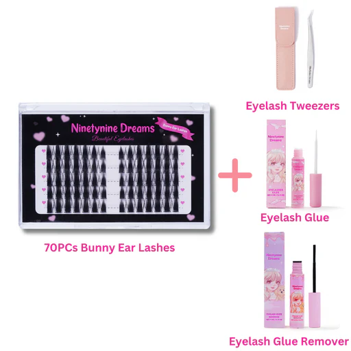 70pcs Bunny Ear Lashes + Accessories (tweezers + Daily Lash Glue + Lash Remover)