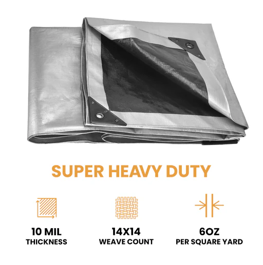 Heavy Duty Poly Tarp 10 Mil, 6 Oz. - 20’ X 20’/black & Silver
