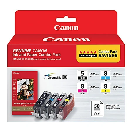 Canon 5/8 Black, Cyan, Magenta, Yellow Ink Cartridges W/ Photo Paper, 4/pack (0628b027)