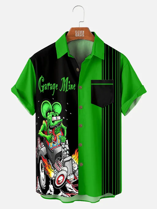 Tall Men's Automotive Stripe Rat Fink Short Sleeve Shirt - Red/5xlt/linen-feel