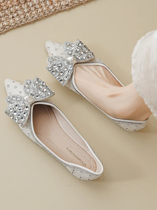 2024 New Flat Pointed Toe Shoes For Women Bow Rhinestone Wedding Shoes