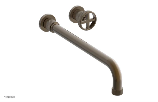Dustrie Single Handle Wall Lavatory Set - 14" Spout - Grooved 370-15-14 - Antique Brass