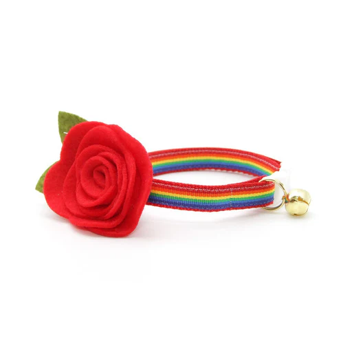 Cat Collar + Flower Set - "retro Rainbow" - Rainbow Cat Collar W/ Red Felt Flower (detachable) - Silver/small Dog (12-16)/breakaway