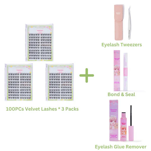 100pcs Velvet Lashes - 3 Packs + Accessories (tweezers + Bond & Seal + Lash Remover)