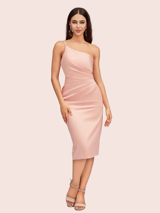 One Shoulder Silky Satin Short Midi Party Prom Dress