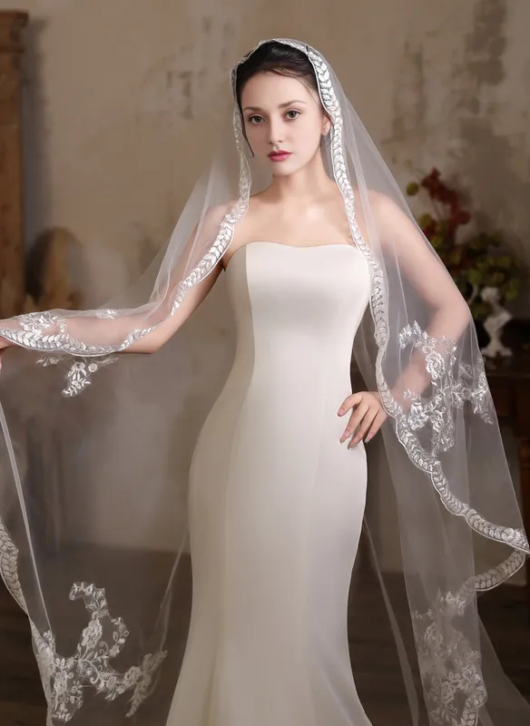 Lace Cut Edge Single Tier Bridal Chapel Length 79" Wedding Veils (006428589)