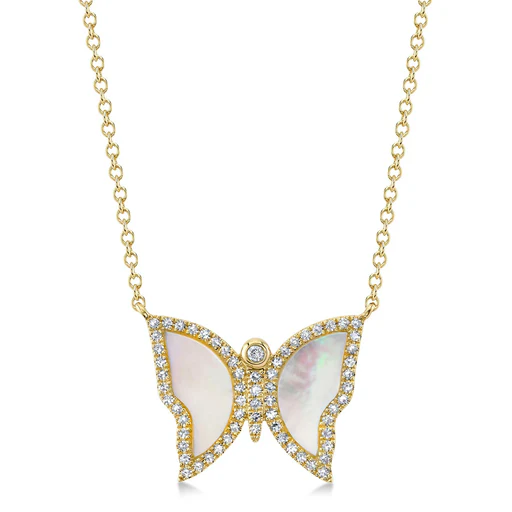 Diamond & Mother Of Pearl Butterfly Pendant Necklace 14k Yellow Gold (0.99ct)