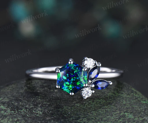 Unique Hexagon Cut Black Opal Ring Marquise Blue Sapphire Cluster Ring Solid 14k White Gold Promise Ring For Women - 925 Sterling Silver