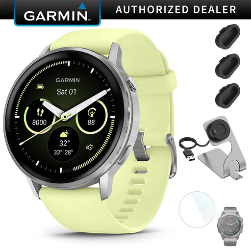 Garmin Venu 4 45mm Gps Watch Silver W/ Citron Bundle + Dock Dust Covers Screen Guards