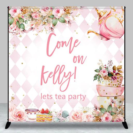 Let Tea Party Pink Cup Cake Custom Birthday Backdrop - 8x8ft(2.5x2.5m)