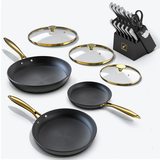 3pcs Cast Iron Fry Pan Set With Golden Glass Lids & 14 Pcs Knife Set Bundle - Orange
