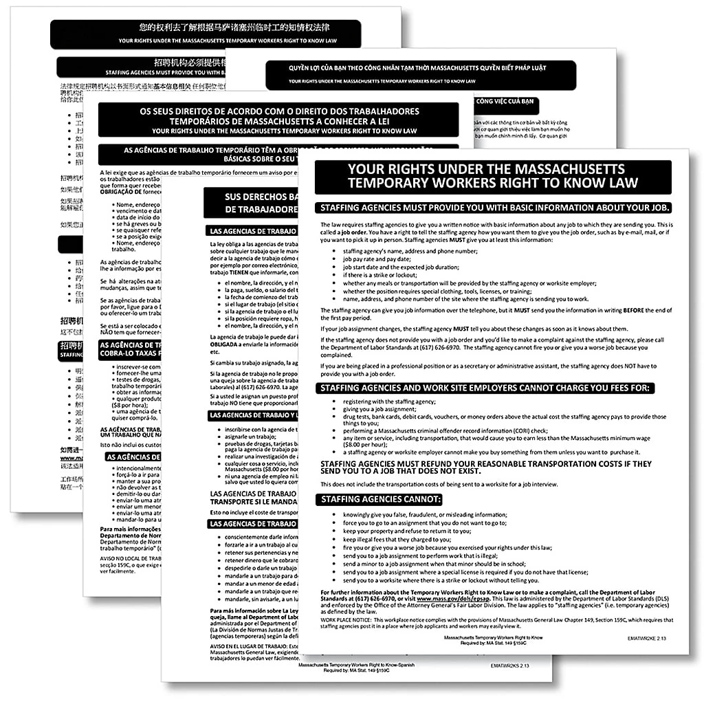 Complyright™ State Specialty Posters,temporary Workers Right To Know Law, Multilingual, Massachusetts, 8 1/2" X 11", Pack Of 5