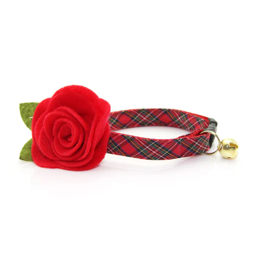 Cat Collar + Flower Set - "hearthside" - Red Holiday Plaid Cat Collar W/ Scarlet Felt Flower (detachable) - Gold/tiny Dog (6-10) / Mini Flower/non-breakaway
