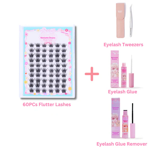 60pcs Flutter Lashes - 1 Pack + Accessories (tweezers + Bond & Seal + Lash Remover)