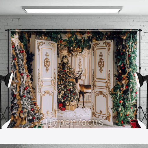 Aperturee White Gold House Trees Elk Christmas Vibe Backdrop - 5x3ft(1.5x1m)
