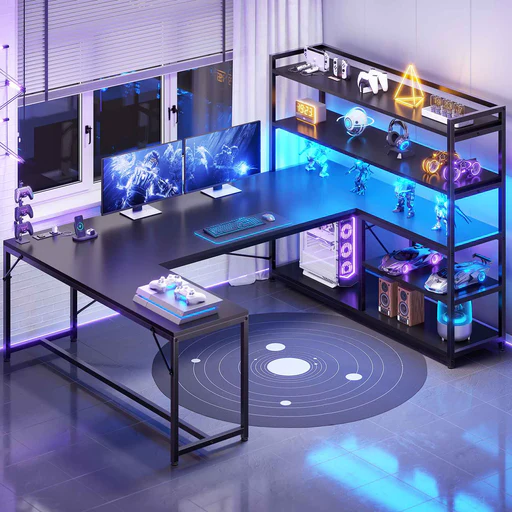 Sedeta 63 Inch Reversible Office Computer Desk L Shaped Gaming Desk With Led Lights Power Outlet 5-tier Storage Shelves