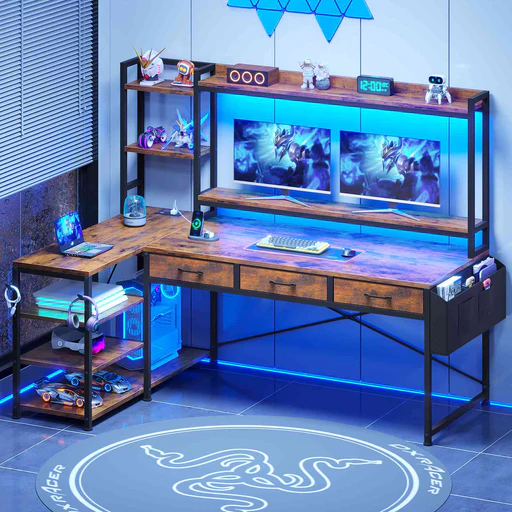Sedeta 55 Inch L Shaped Led Gaming Desk With Storage Drawers Hutch And Power Outlets