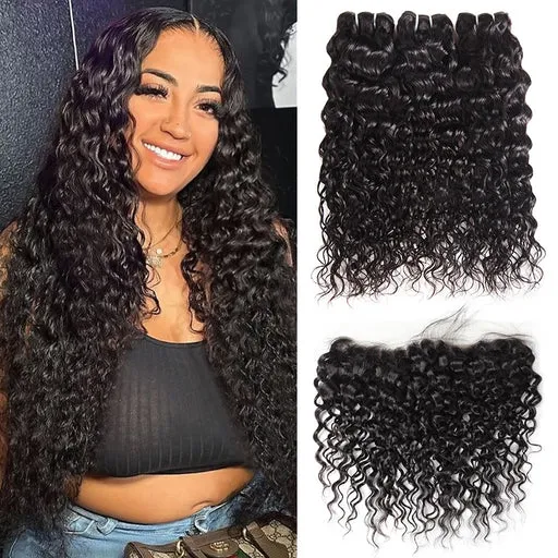 Malaysian Water Wave 3 Bundles With 13*4 Lace Frontal Human Hair - 12 12 14 With 10