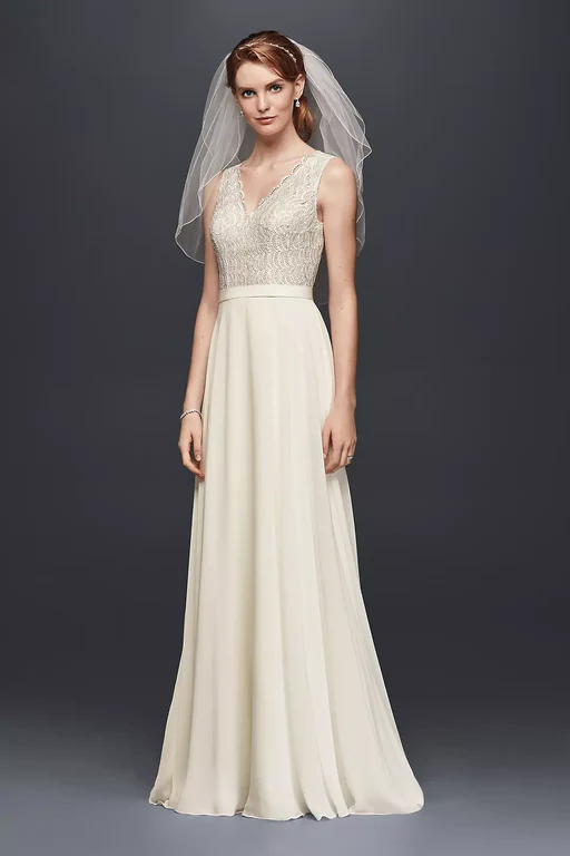 Scalloped Lace Wedding Dress With Chiffon Skirt - Solid White/18w/extra_length