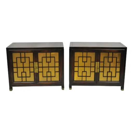 Vintage Chinoiserie James Mont Style 2 Door Nightstand Cabinets By Century Pair