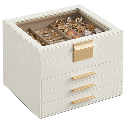 Sieradendoosje Met Glazen Deksel - Wolkenwit + Goud/4 Laden (16,5h Cm)