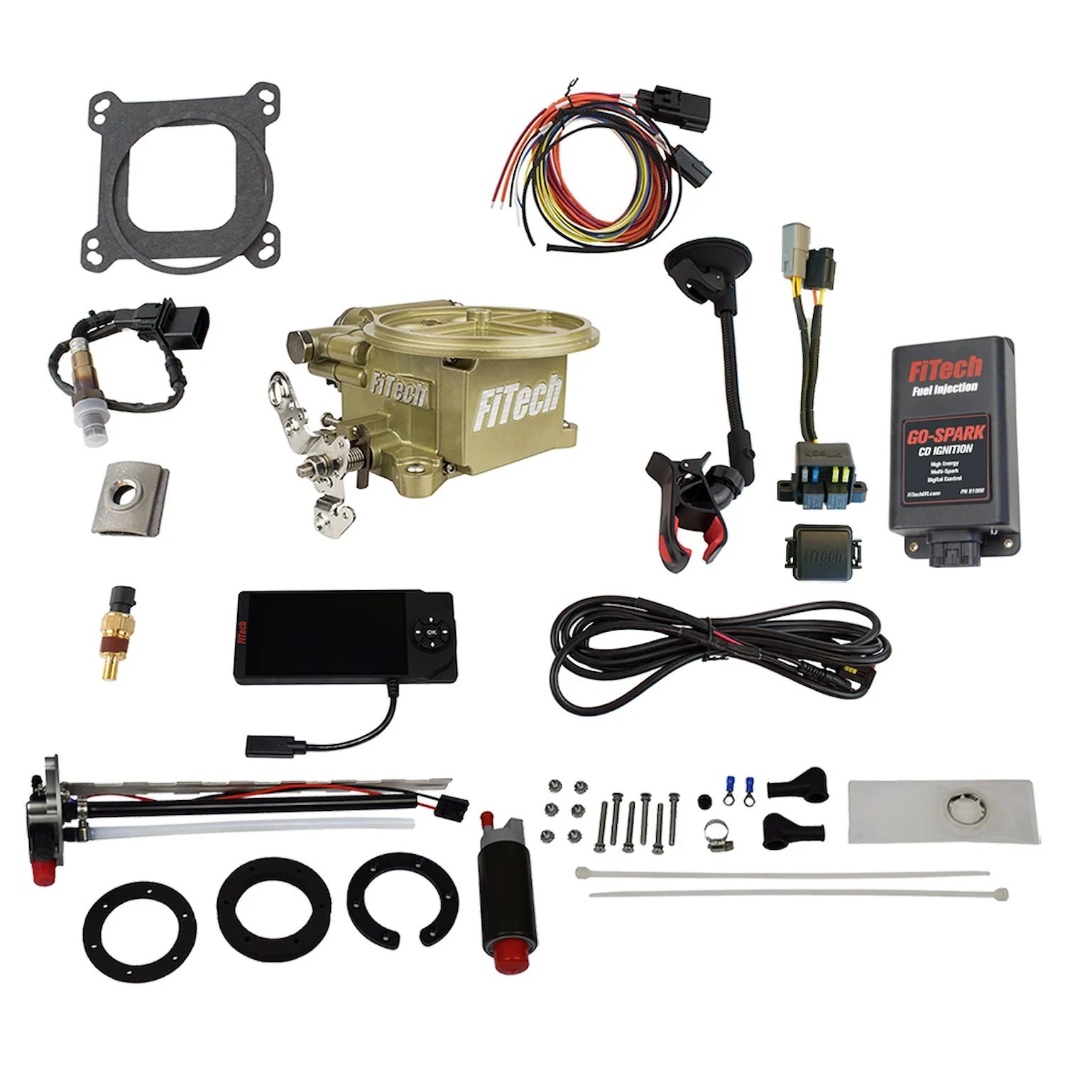 Fitech 93600: Go Efi 2-barrel Electronic Fuel Injection Master Kit | With 400 Hp Throttle Body, In-tank Retrofit Fuel Pump & Cdi Box | Gold Finish
