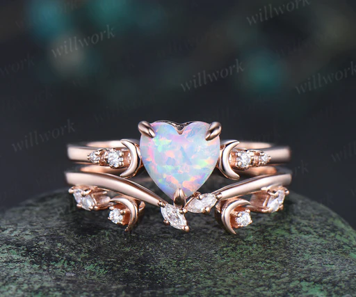 Heart Shaped Opal Art Deco Moon Engagement Ring Set Five Stone Diamond Promise Ring Marquise Diamond Moon Band Unique Bridal Set - 10k White Gold/2pc Ring Set+m