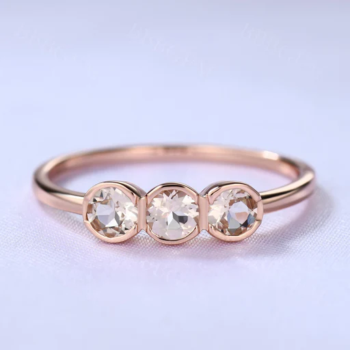 Morganite Wedding Ring Minimalist Three Stone Bridal Promise Anniversary Gift - 10k White Gold