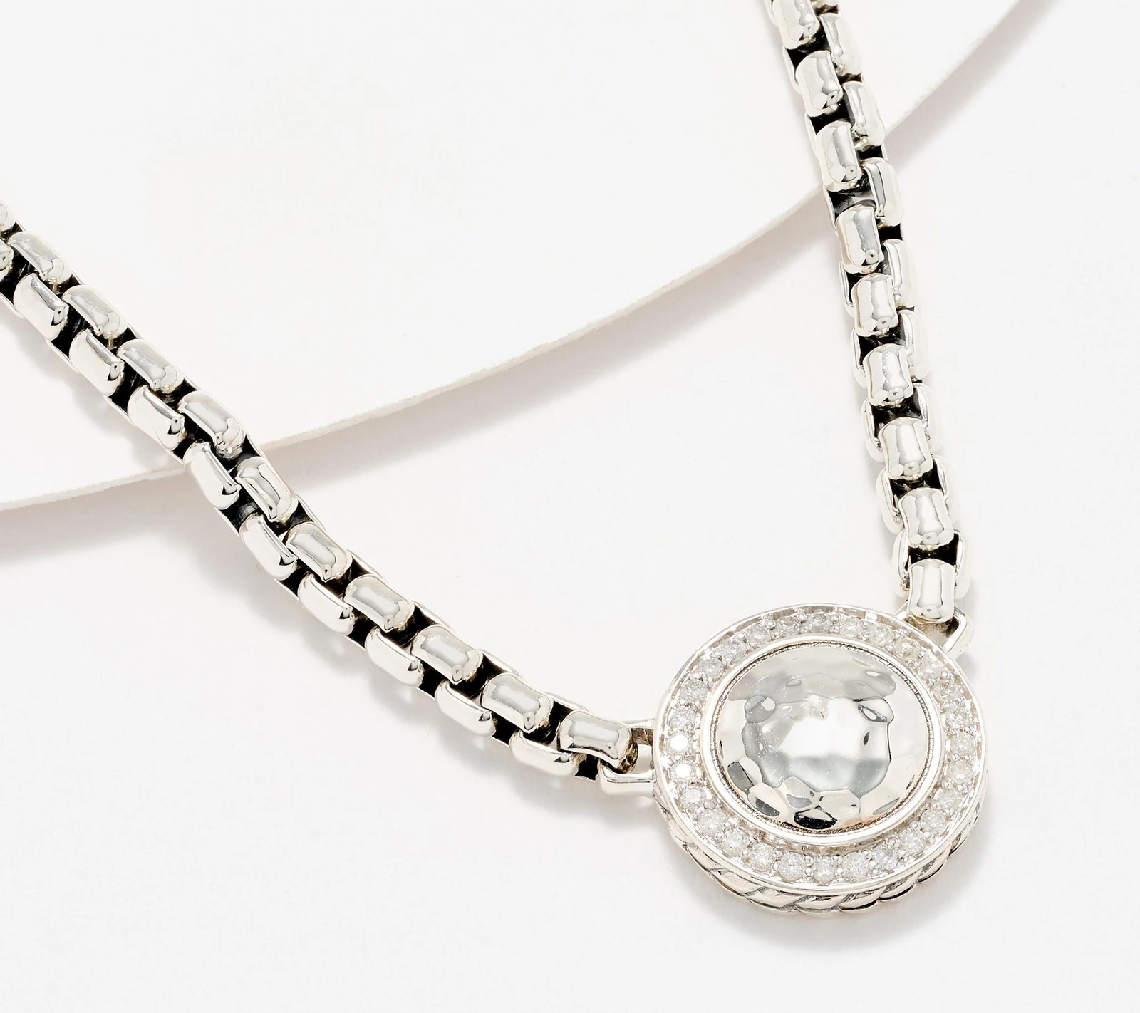 Jai Sterling Silver Hammered Disk & Diamond Box Chain Necklace
