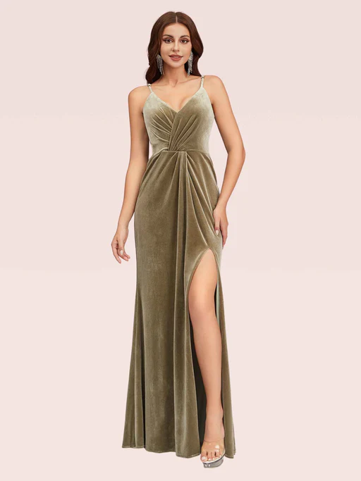 Sexy Spaghetti Strap V-neck Long Velvet Evening Prom Dress With Slit - Dusty-blue