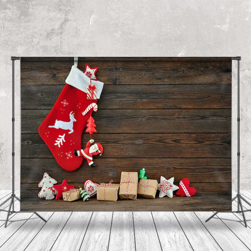 Aperturee Hanging Christmas Stockings Gifts Wooden Backdrop