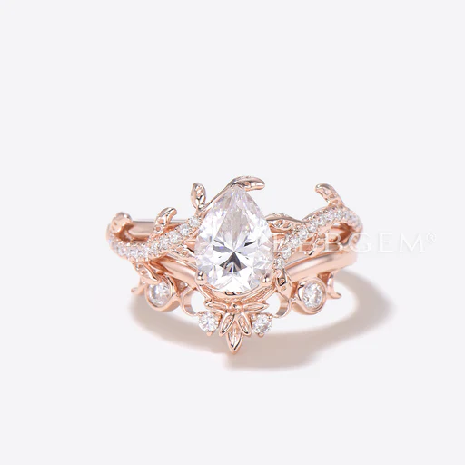 Nature Inspired Pear Moissanite Engagement Ring Leaf Diamond Bridal Set - 1pc Main Ring+d/10k Yellow Gold