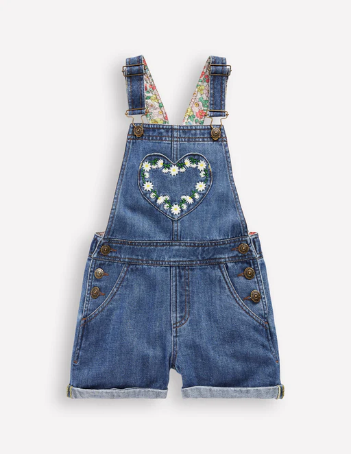 Kurze Latzhose Mit Herztaschen-vintage Bestickt Gänseblümchen