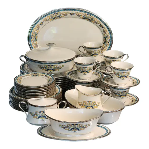 1970s Fair Lady By Lenox Discontinued Ivory Platinum Porcelain Dinnerware Set Service For 8 - 47 Pieces