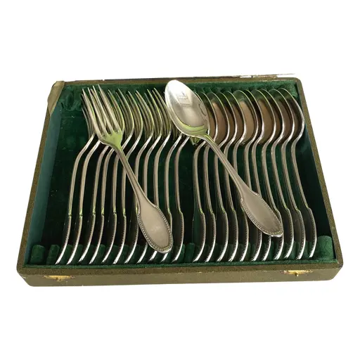Silver-plated Alfénide Dessert Flatware Set With Perles Decor From Christofle, France, 1900s, Set Of 24