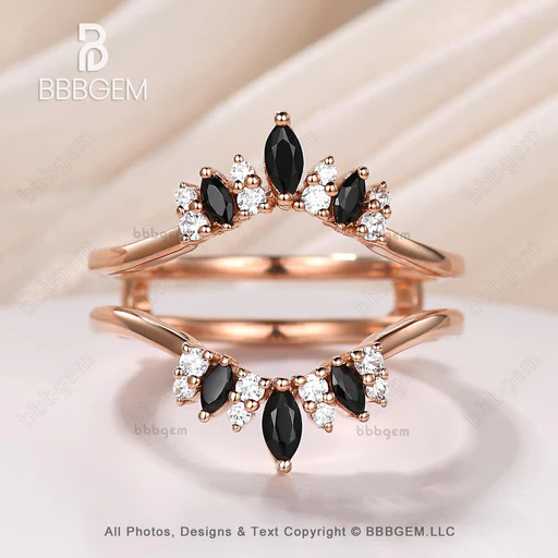 Marquise & Round Cut Black Onyx Diamond Chevron Enhancer Wedding Band Unique Rose Gold Curved Spinel Moissanite Ring Enhancer - 10k Rose Gold
