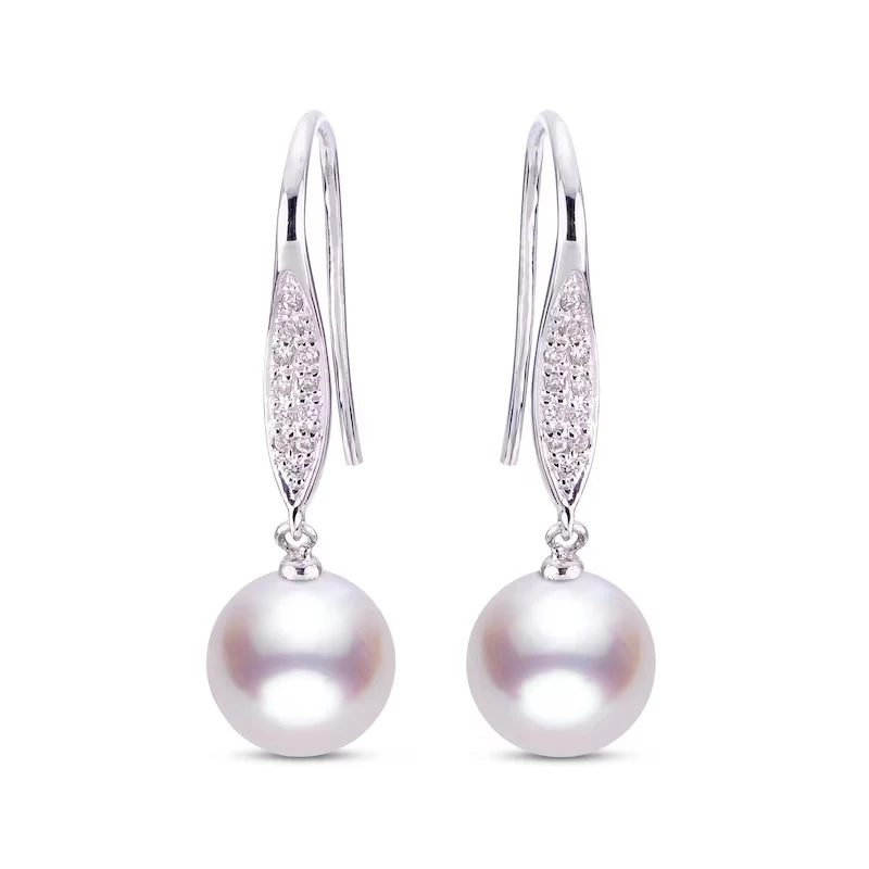 Akoya Cultured Pearl Earrings 1/10 Ct Tw Diamonds 14k White Gold
