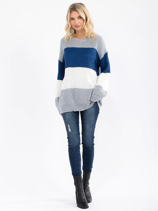 Women's Long Sleeve Knit Colorblock Sweater - Silver/3-3 (s/m-m/l)