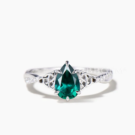 Teardrop Cut Emerald Celtic Knot Engagement Ring Diamond Twisted Ring - 18k White Gold/moissanite