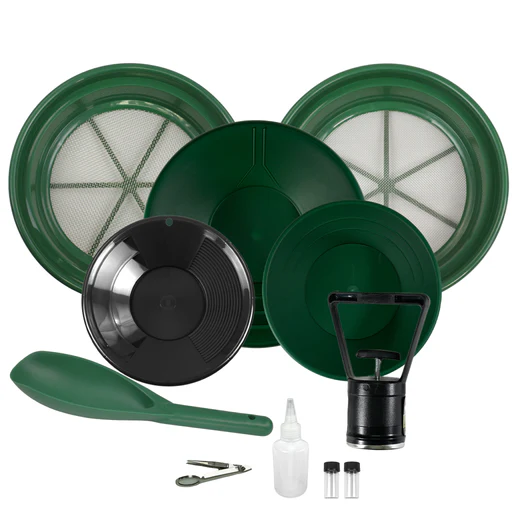 Terrax 11 Piece Gold Prospecting Kit - 1/8 & 1/2 Coarse Classifier Screen, Vials, Dual Riffle Gold Pans, Scoop, Sniffer Bottle, And Magnifying Tweezers - Green