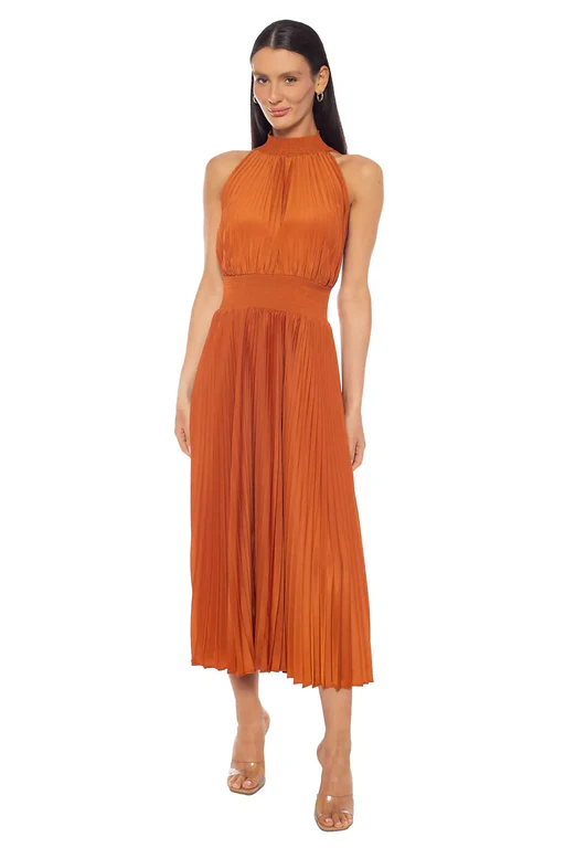 Sleeveless Pleated High-neck Midi Dress - Orange/8