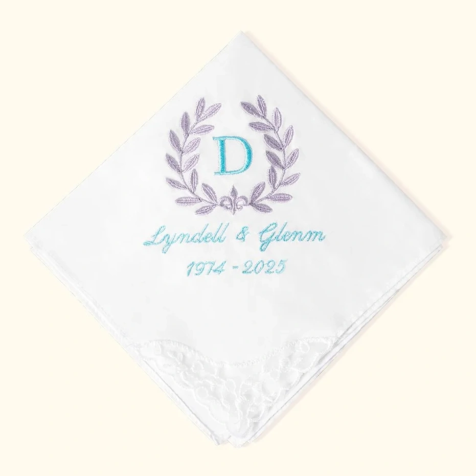 Personalised 100% Cotton Something Blue Olive Branches Lace Handkerchief With Embroidered Initial Bridal Shower Keepsake Wedding Gift For Bride - Callie