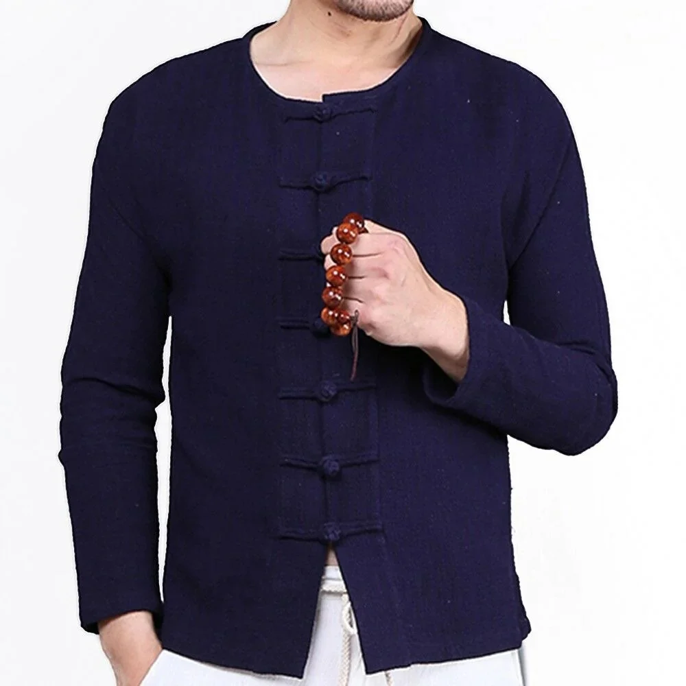 Platte Knopf Top Flax Jacke Mantel Vintage Marineblau