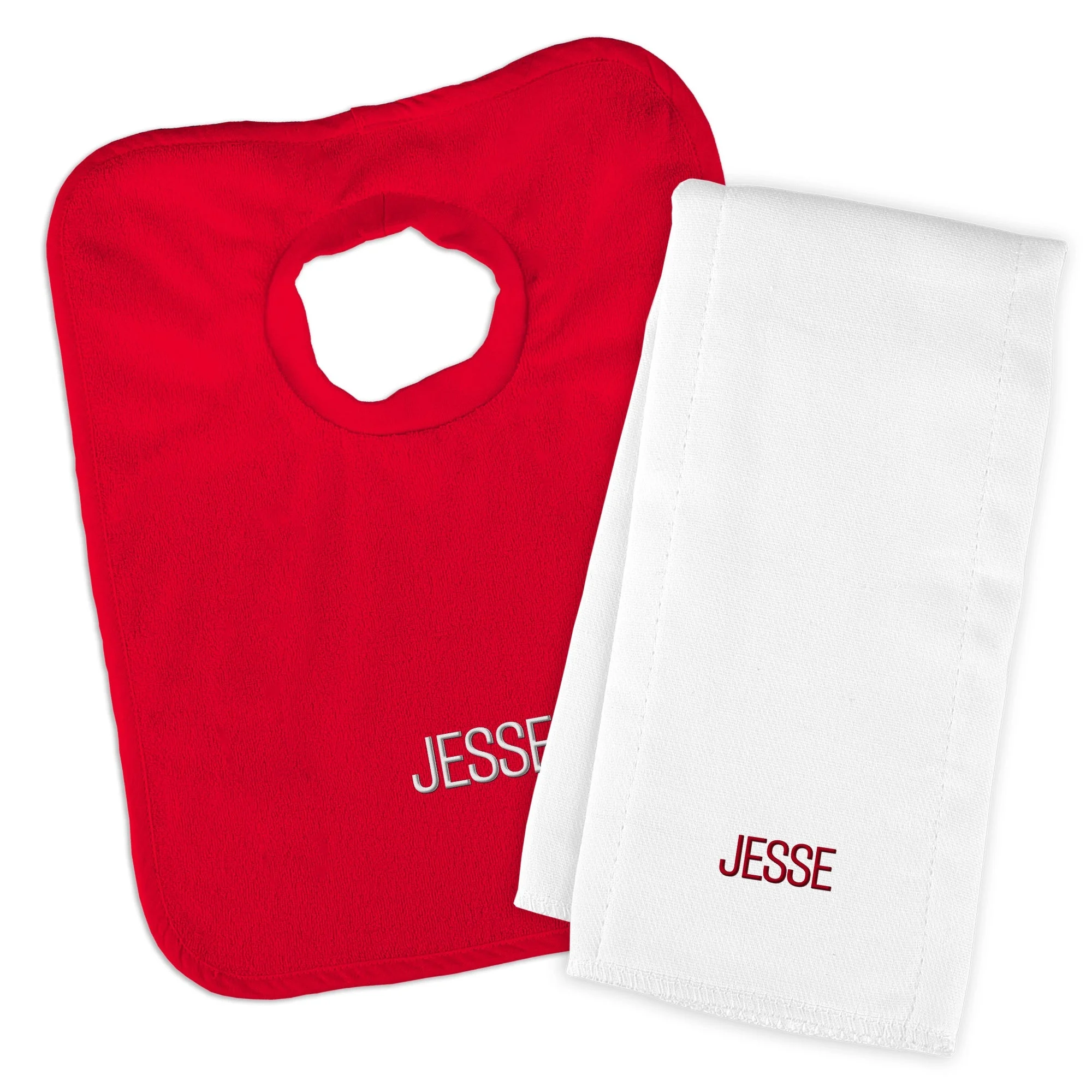 Personalized Basic Bib & Burp Cloth Set - Red With Red Trim